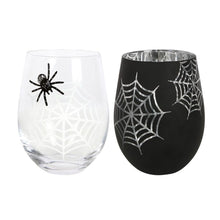 Load image into Gallery viewer, Set of 2 Spider and Web Stemless Wine Glasses