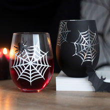 Load image into Gallery viewer, Set of 2 Spider and Web Stemless Wine Glasses