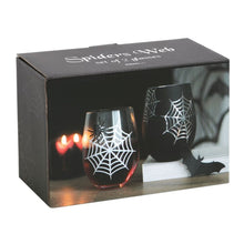 Load image into Gallery viewer, Set of 2 Spider and Web Stemless Wine Glasses