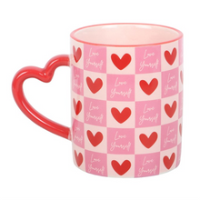 Load image into Gallery viewer, Love Yourself Checkered Mug with Heart Handle
