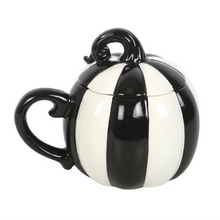 Load image into Gallery viewer, Black and White Striped Pumpkin Lidded Mug
