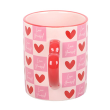 Load image into Gallery viewer, Love Yourself Checkered Mug with Heart Handle
