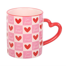 Load image into Gallery viewer, Love Yourself Checkered Mug with Heart Handle
