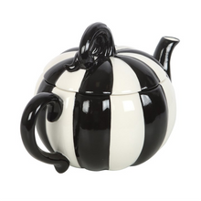 Load image into Gallery viewer, Black and White Striped Pumpkin Teapot
