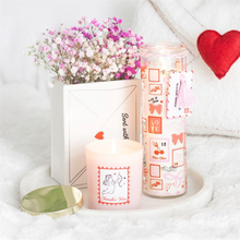 Load image into Gallery viewer, Valentine Postage Stamp Print Sparkling Rose Tube Candle
