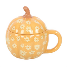 Load image into Gallery viewer, Groovy Floral Pumpkin Lidded Mug
