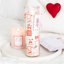 Load image into Gallery viewer, Valentine Postage Stamp Print Sparkling Rose Tube Candle
