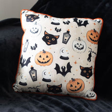 Load image into Gallery viewer, 35cm Square Spooky Cat and Pumpkin Print Cushion
