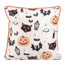 Load image into Gallery viewer, 35cm Square Spooky Cat and Pumpkin Print Cushion
