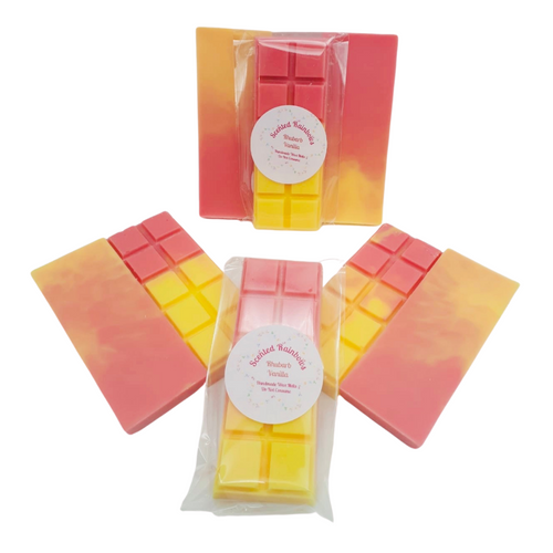 Rhubarb Vanilla Wax Melt Bar, long lasting luxury sweet scented wax melt, strong rhubarb and vanilla wax melt bar, colourful wax snap bar