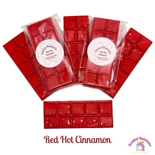 Red Hot Cinnamon Wax Melt Bar, long lasting luxury spicy cinnamon wax melt bar, vibrant colourful wax melt snap bar