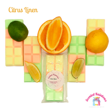 Load image into Gallery viewer, Citrus linen scented wax Bar - zesty fresh scent with citrus fruit aroma and clean linen
