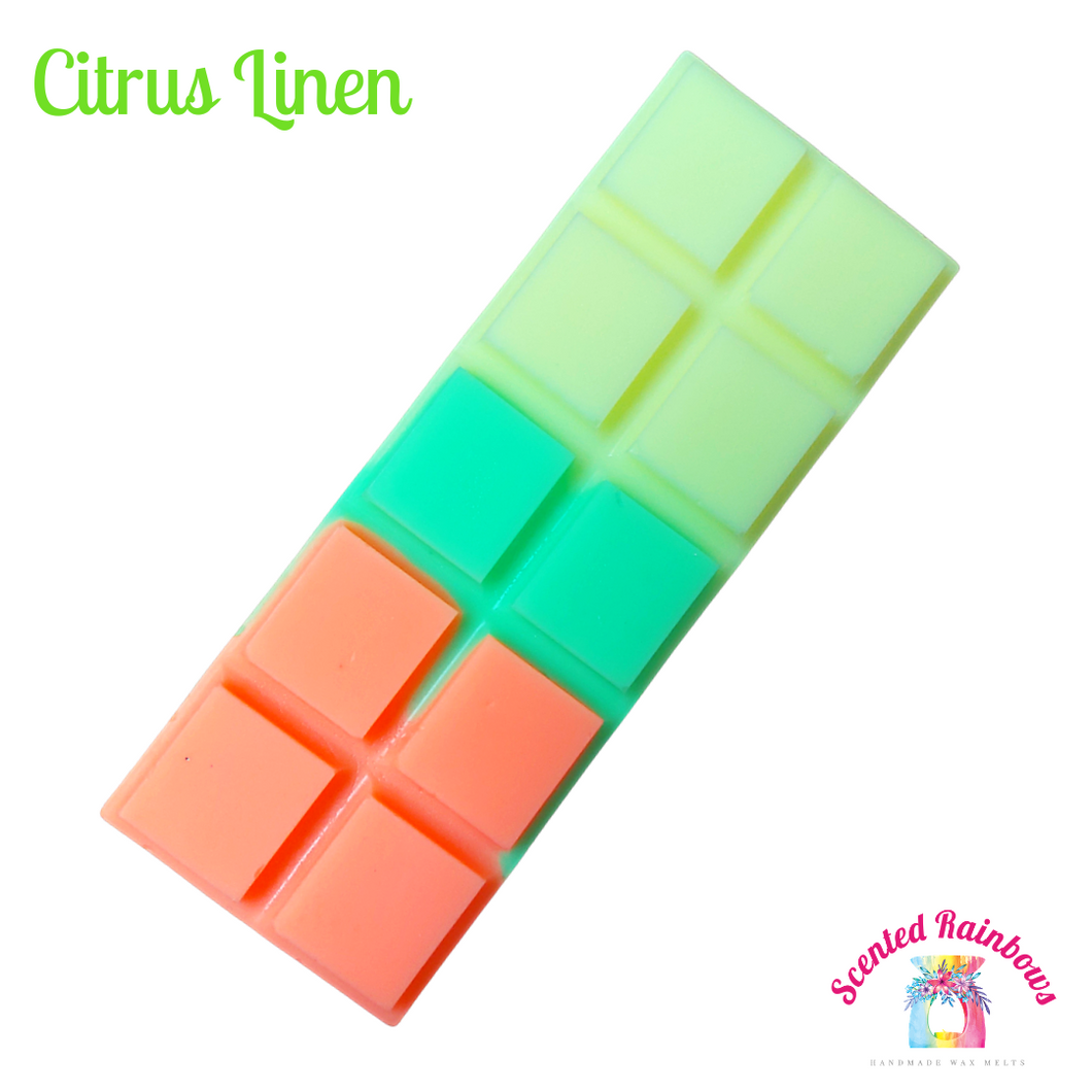 Citrus Linen Scented Wax Melt Bar - Clean uplifting scent Blend - Strong Scent Throw - Three Colour Wax - Fresh Laundry Blend - Three colour Wax Bar - Neon Wax Pools